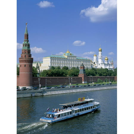 The Kremlin and Moskva River with Tourist Boat, Moscow, Russia Print Wall Art By Steve