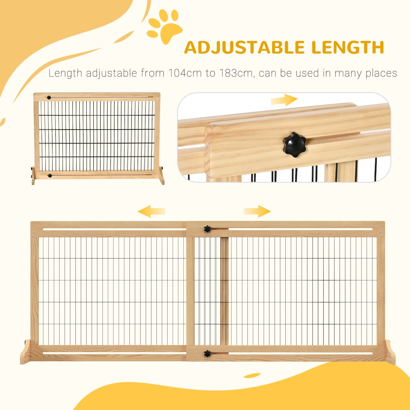 Favory 71" Extra Wide Freestanding Pet Gate with Adjustable Length Dog, Cat, Barrier for House, Doorway, Hallway,Long Adjustable Pet Gate, Dog Barrier,Natural