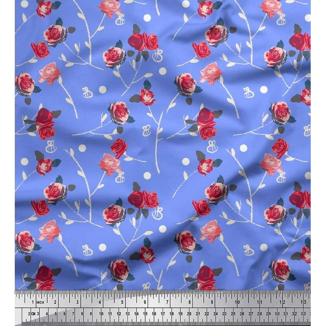 Soimoi Rayon Fabric Leaves, & Rose Floral Printed Fabric 1 Yard 56 Inch Wide