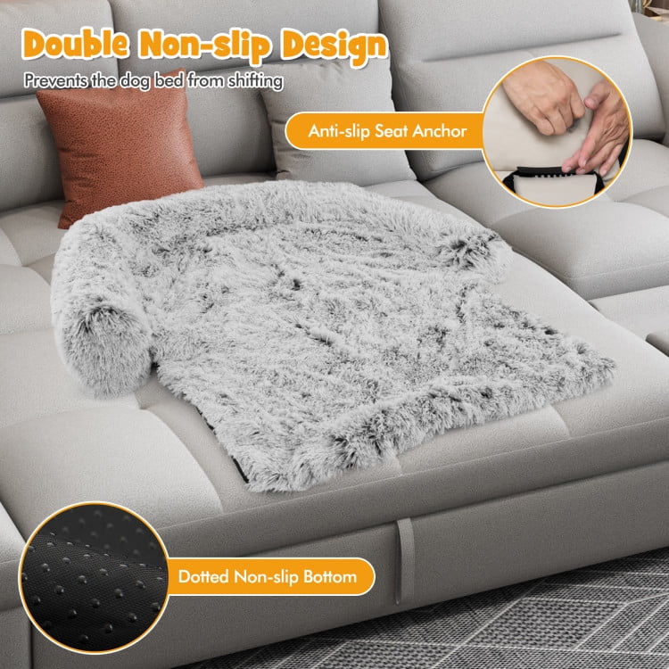 Kadyn 47" Plush Long Fur Dog Couch Bed, Dog Bed Mats with Anti-Slip Bottom, Washable Removable Couch Cover, Perfect for Medium and Large Dogs Cats, Gray-L