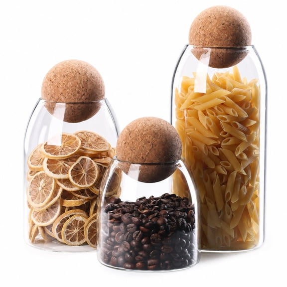 Borosilicate Glass Food Storage Jars, 3 pack with Airtight Cork Ball Lid, Round Clear Canister Container Set for Coffee Tea Sugar Flour Candy Pantry Kitchen