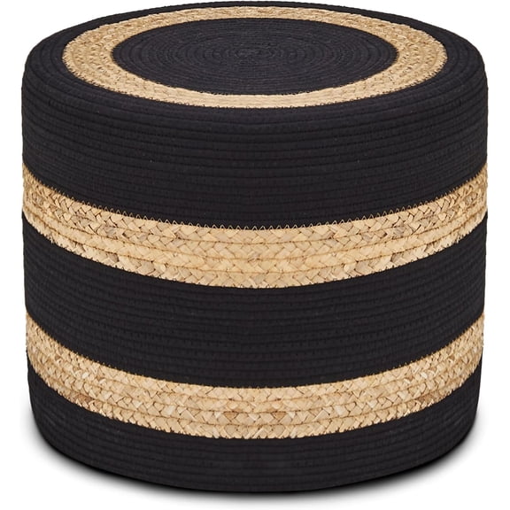 Wimarsbon 18'' Ottoman Pouf, Natural Braided Poof, Rustic Handweave Lounge Pouffe, Boho Footrest Stool for Bedroom, Accent Table or Seat for Living Room (Natural Water Hyacinth Black Cotton Rope)
