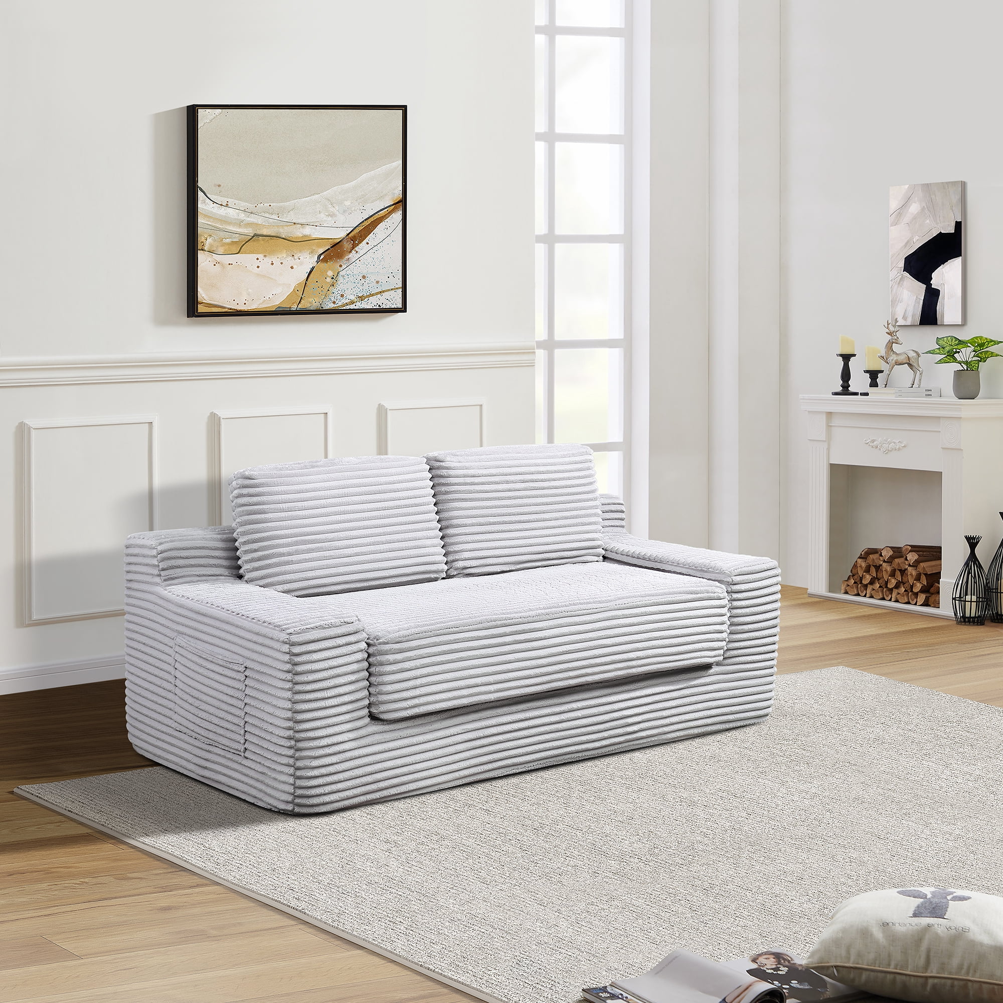 Howcool 71" Boneless Loveseat Sleeper Sofa,2 in 1 Pull Out Convertible Corduroy Floor Couch with Side Storage Pockets & 2 Throw Pillows,Foldable Guest Couch for Living Room,No Assembly Required,Grey