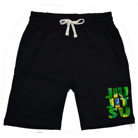 Men's Jiu Jitsu Brazilian Flag KT T21 Black Fleece Jogger Sweatpant Gym Shorts Large