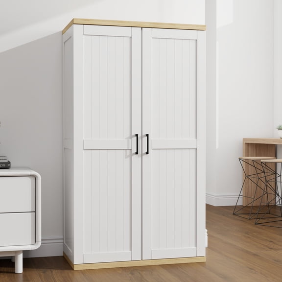 GDF Studio 55" Tall Vacuum Storage Cabinet with Adjustable Shelf, Wooden Broom Closet Organizer, White