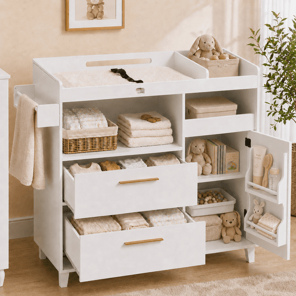 Zimtown 2-1 Baby Changing Table with Drawers & Shelf, Nursery Dresser with Storage, Infant Diaper Changing Station for Children's Room, White