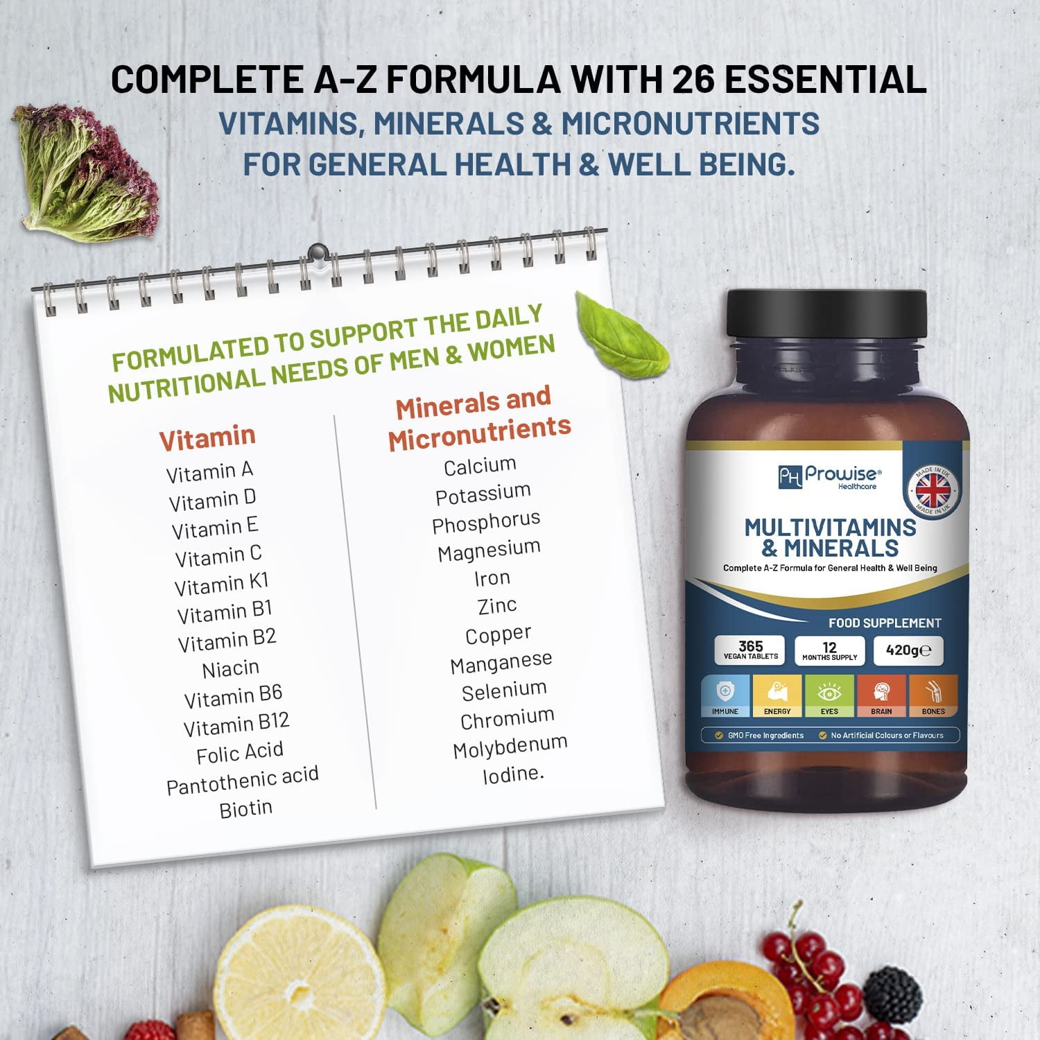 A-Z Multivitamins & Minerals I 365 Vegan Tablets (1 Year Supply) I 26 Essential Active Vitamins, Minerals & Micronutrients for Men and Women I Made in The UK by Prowise Healthcare
