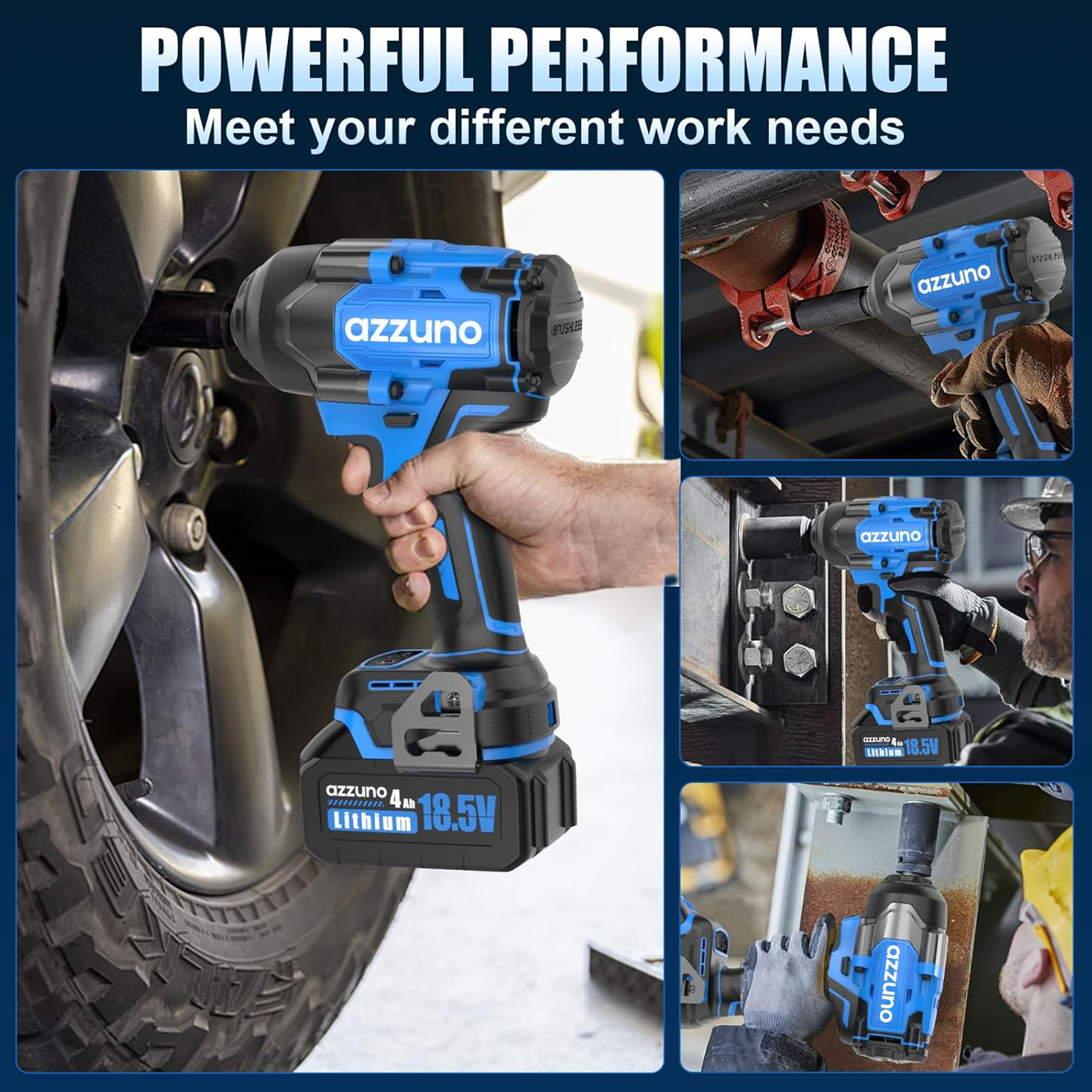 AZZUNO Impact Wrench Max 737 Ft-lbs(1000N.m) 1/2 inch Brushless High Torque Electric Impact Wrench, Powerful Cordless Impact Driver with 2x4Ah Batteries