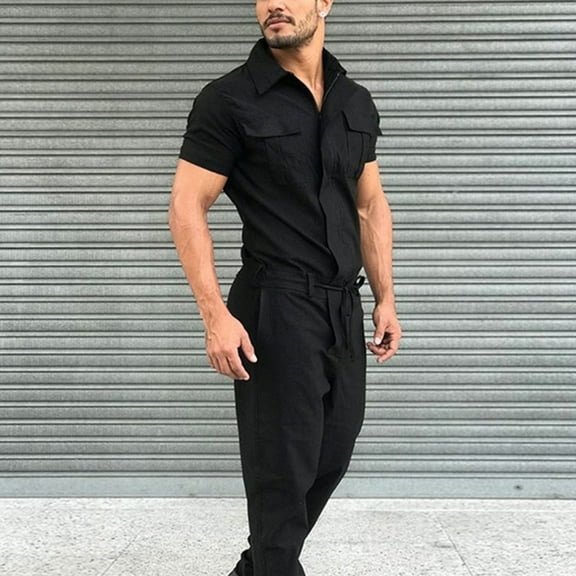 MRULIC jeans for men With Pockets Zipper Solid Men's Spring Color Tooling Lace-up Pants Jumpsuit Short-sleeved And Summer Rompers Men's pants Men Cargo Pants Black L