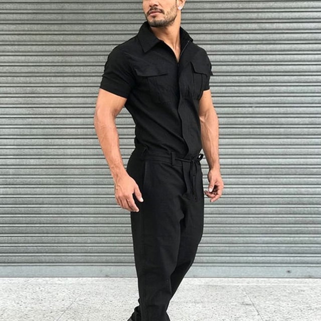 Product Classification Men's Cargo Pants - Solid Zippered Pockets Utility Jumpsuit with Spring-Summer Styling Short-Sleeve Lace-Up Design
