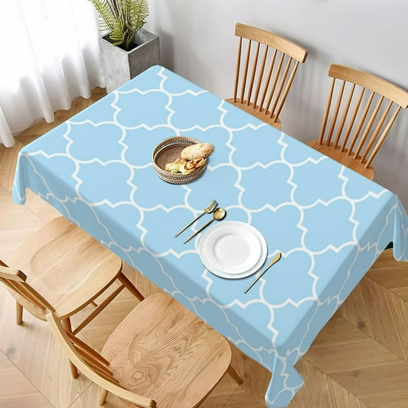 Rectangle Tablecloth Quatrefoil Sky Blue White Oblong Table Cover Washable Table Cloths for Kitchen Dinning Party Tabletop Modern Decoration 60 x 102inch
