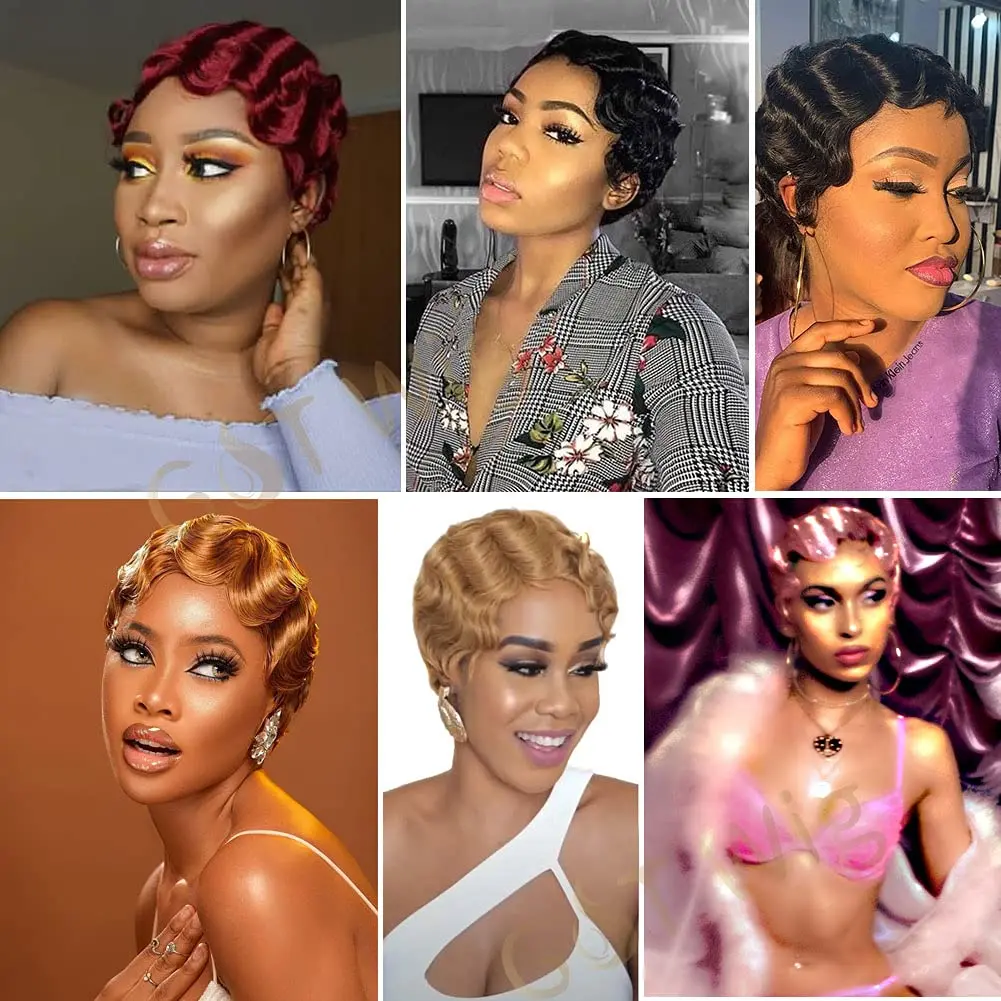 Short Pixie Cut Wigs for Black Women Mommy Brazilian Finger Ocean Wave Remy Human Hair Cheap Wig for Party Full Machine Made Wig