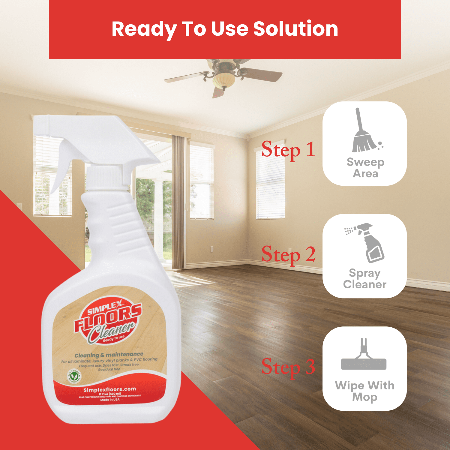 Simplex Floors Floor Cleaner | Laminate, Luxury Vinyl Planks & PVC Flooring | Made in the USA | 17 fl.oz