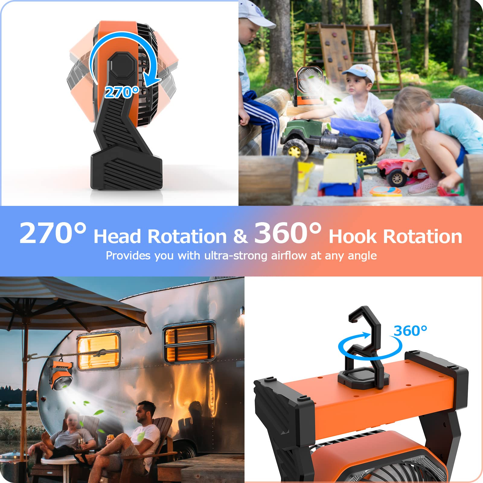 Camping Travel Personal Fan with LED Lantern, 58H 20000mAh Rechargeable Battery Operated Desk Fan 10 inch with 5V/3A USB-C Charging Port, 4-Speed 270 Rotation for Home or Outdoor