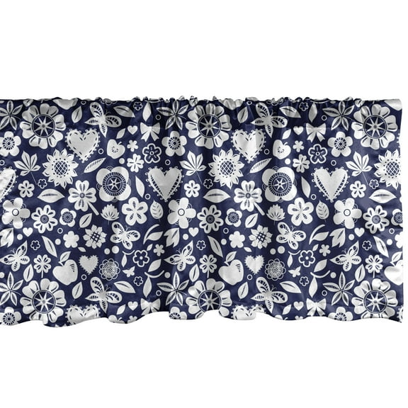 Ambesonne Navy Window Valance, Heart Butterflies Leafs, 54" X 18", Navy Blue and White
