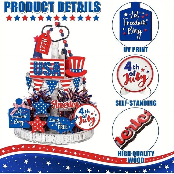 4Th of July Tiered Tray Decor, 4Th of July Decorations, Patriotic Decorations, Wooden, 14 Pc, Red White Blue, Star Decor, Independence Day, Living Room Mantle, Jute Cord Included