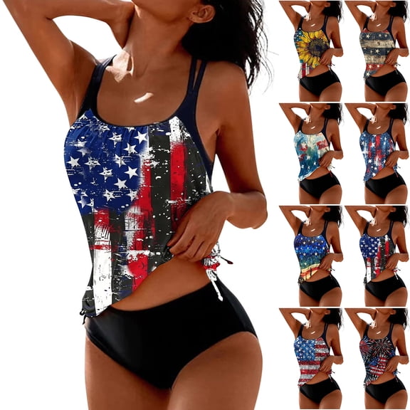 250 Anniversary USA Womens Tankini Swimsuits Colorful America Flag Printed Swimwear Two Piece Tummy Control Bathing Suit Beach Blouson Top with Shorts Modest Bathing Suit 2026 Black L