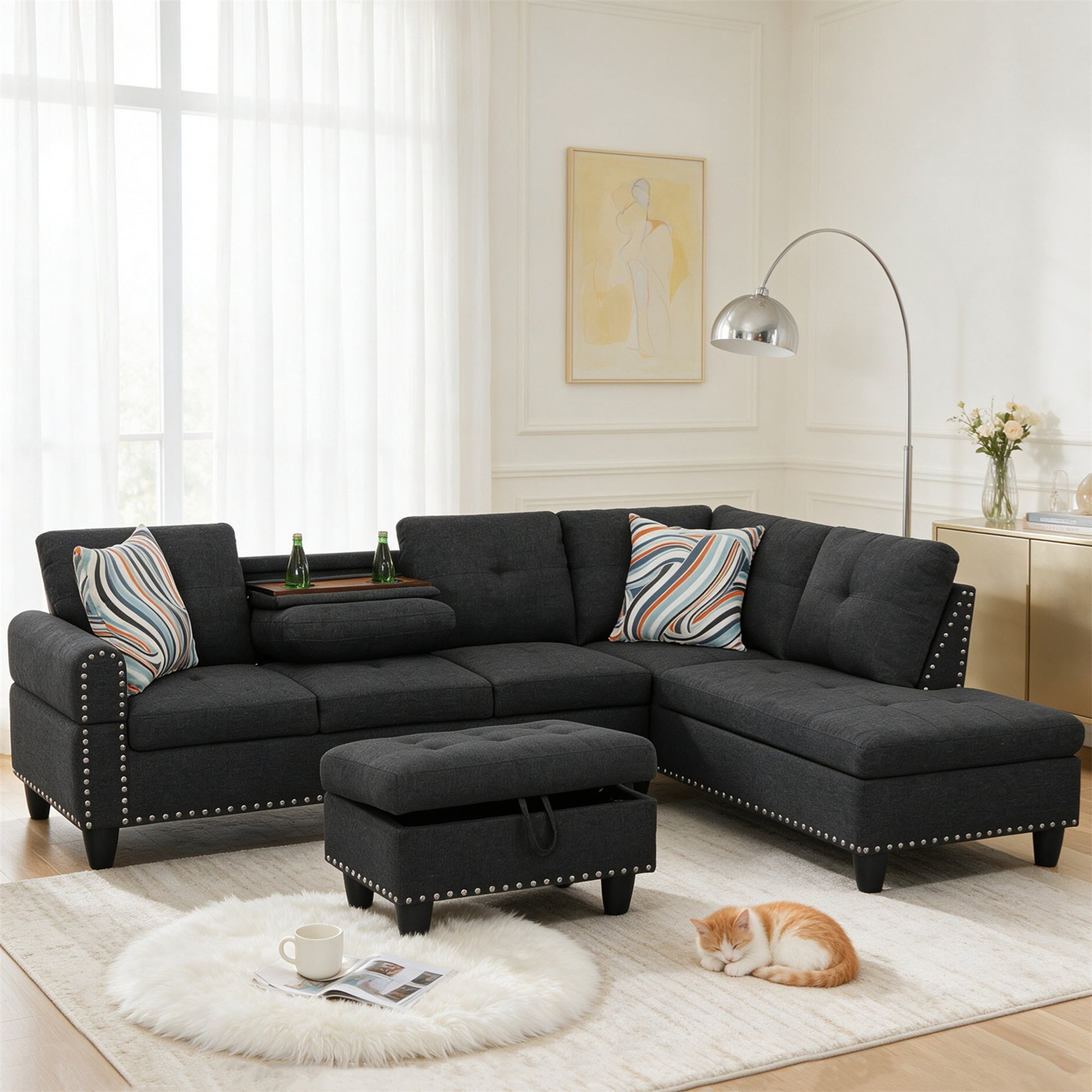Aukfa 98" L Shaped Sectional Couch with Cup Holder, Storage Ottoman, Tufted Back, Right Chaise Modular Sofa for Living Room, Linen, Black
