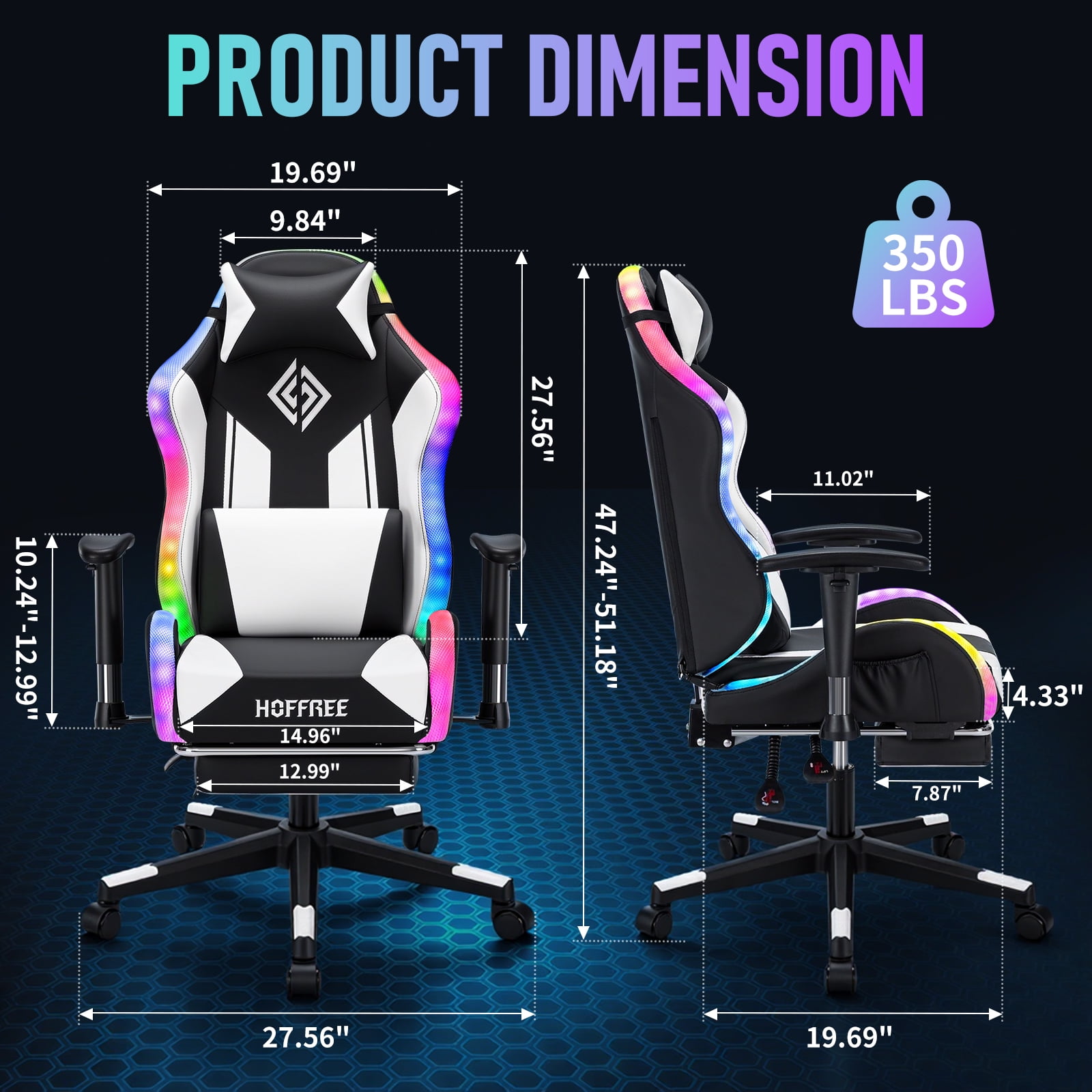 Hoffree LED Gaming Chair for Kids 8-14 Gaming Chairs for Teens with Adjustable Headrest and Lumbar Support Ergonomic PU Leather Kids Gaming Chair with Led Lights