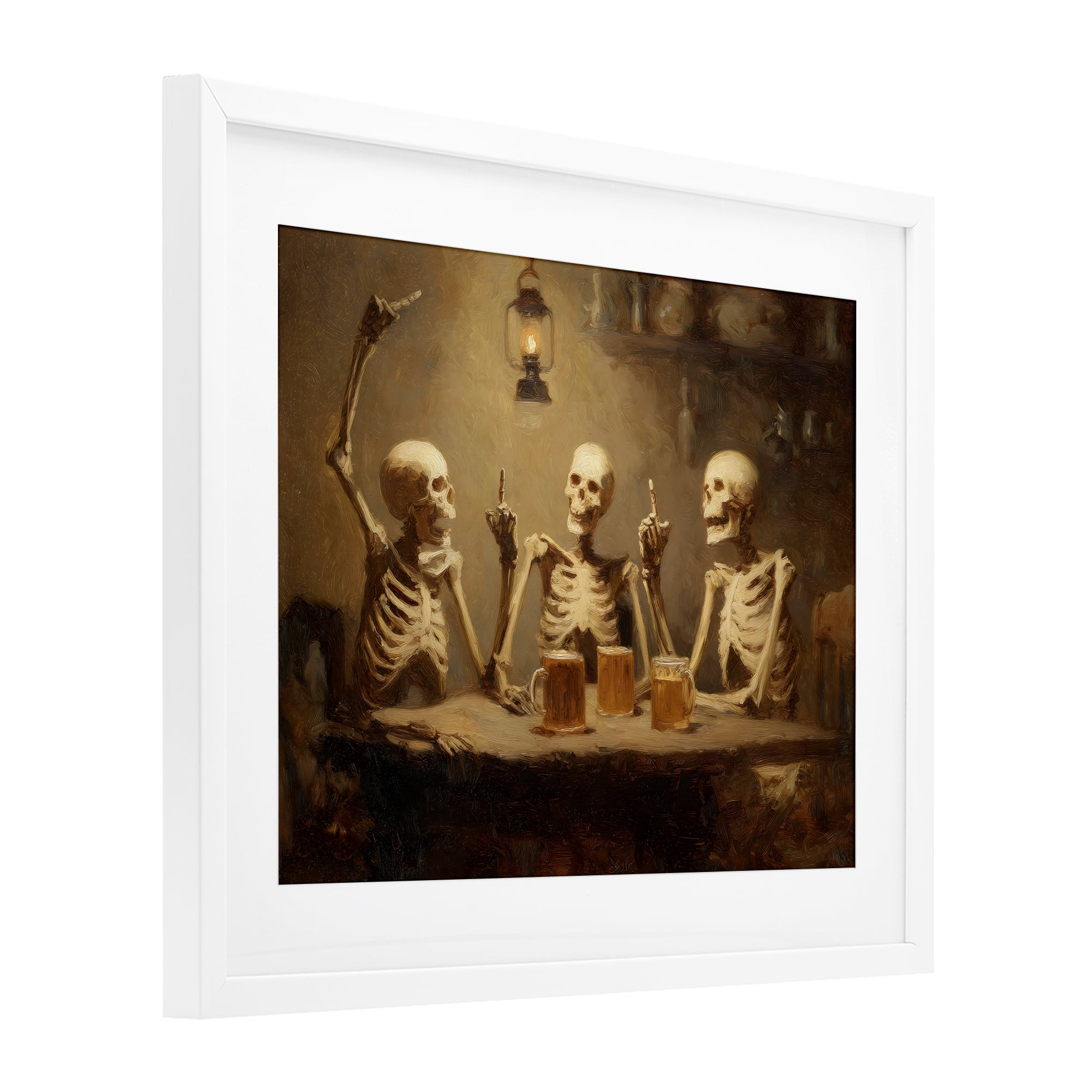 Skeletons Drinking at Tavern White Framed Print Under Glass, design by Arlington Prints