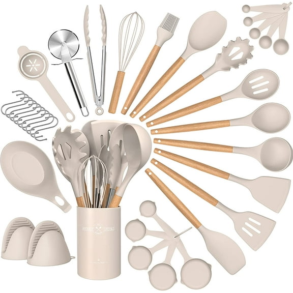 Silicone Kitchen Cooking Utensils Sets with Holder,Nonstick Heat Resistant,Wooden Handle,Khaki