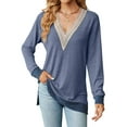 thumbnail image 3 of QAFOPEH Women Contrast Color Lace V Neck Long Sleeve Side Slit Casual Top, 3 of 5