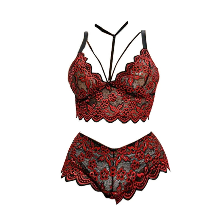 Bras for Women Plus Size Lingerie V Neck High Waist Floral Lace Bra And  Panty 2 Piece Set No Underwire Push up Bras for Women