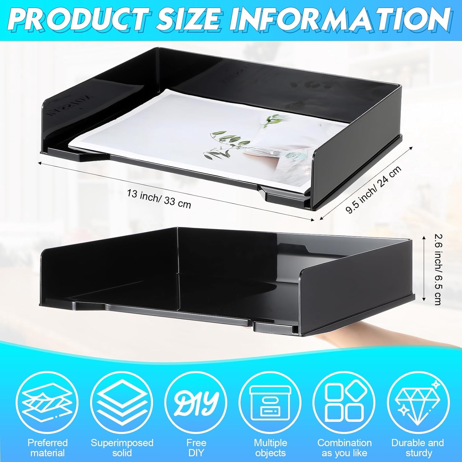 4 Pcs Stackable Letter Tray Rectangular Plastic Desk Organizer 13 x 9.5 x 2.6 in Paper Holder File Tray Accessories Rack for Desktop Office Desk Drawers (Black)