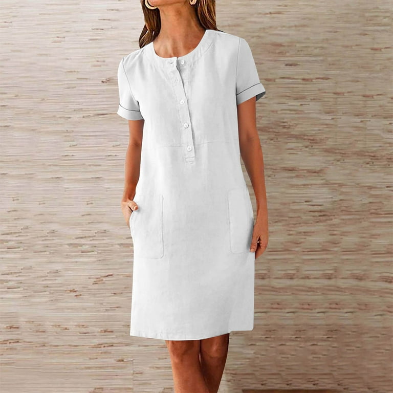 Ecqkame Cotton Linen Pencil Dress for Women Short Sleeve Button Crewneck Work Dresses Solid Knee Length Midi Dress with Pocket 03-White L