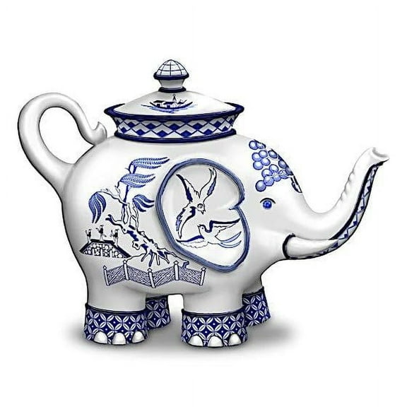 The Hamilton Collection Steeped in Romance Tea-lightful Elephant Collection Issue #1 A Symbol of Love and Luck Handcrafted & Hand Painted Blue Willow Masterpiece Figurine 4.75-inches