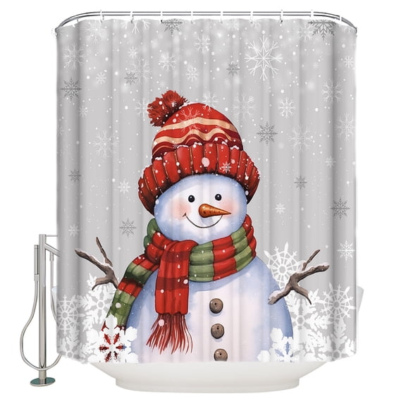 Christmas Shower Curtain, 36" x 72", Snowman with Cap Xmas Snowflake Grey Waterproof Bathroom Curtain Washable Shower Curtain Set with 12 Hooks