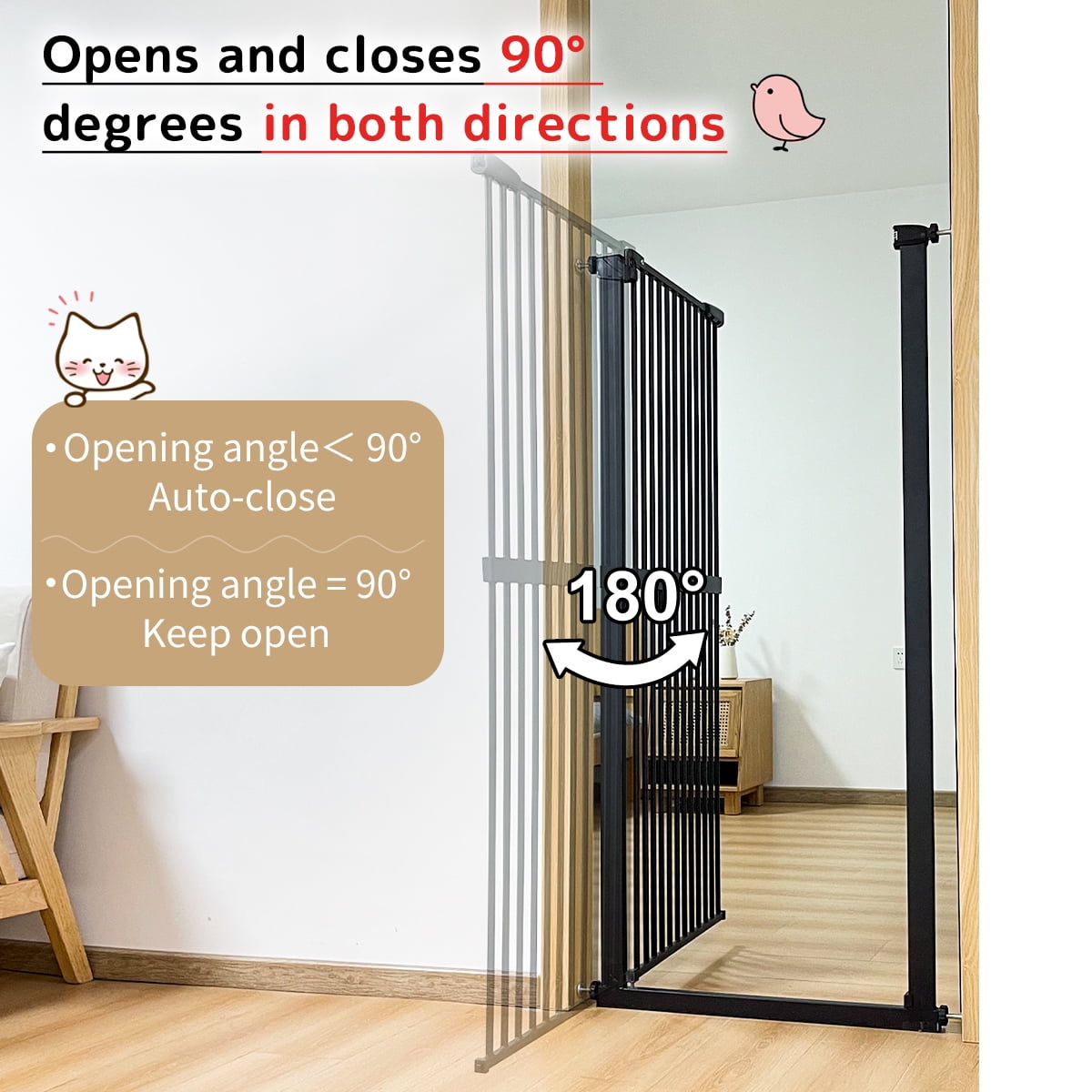 Lumizone Extra Tall Pet Gate 61.02" High Pressure Mounted 34.06"-38.38" Extra Wide 1.37" Gap for Cat Dog Children Stairs Doorway Hallway No Drilling Auto-Close (34.06"-38.38", Black)