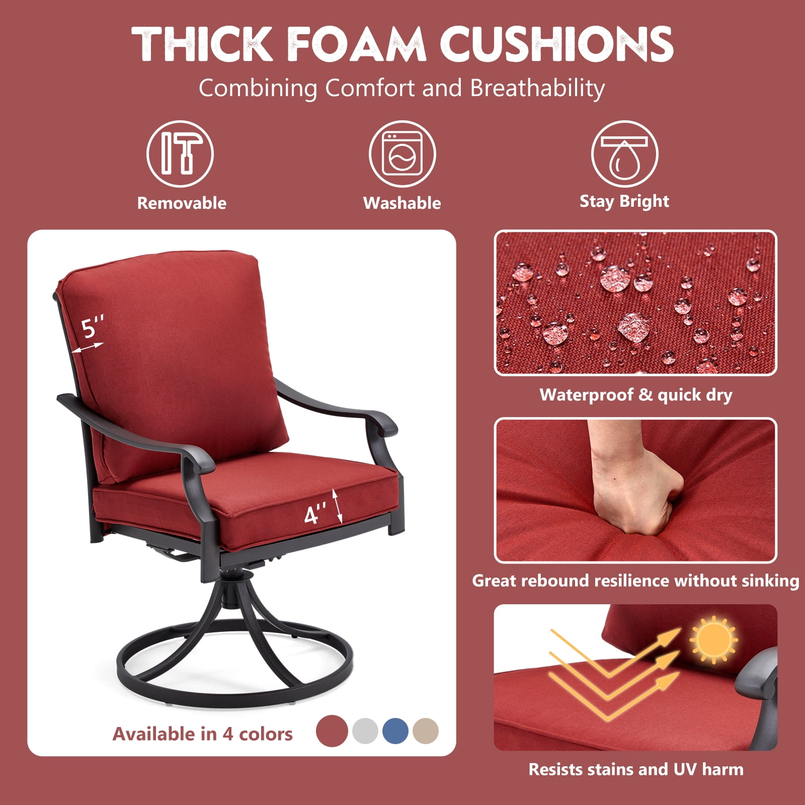 MELLCOM Patio Swivel Chair Set of 2, Heavy Duty Outdoor Dining Chairs with Thickened Cushions, Metal Patio Chairs Gentle Rocker for Outside, Garden Lawn & Porch, Backyard, Red