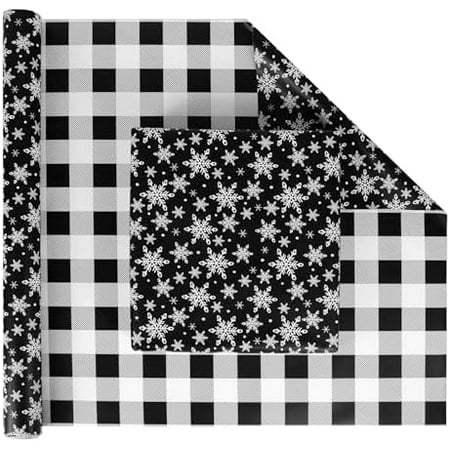 Black Christmas Mini Wrapping Paper Roll - Reversible Holiday Wrapping Paper(17" X 32.8 Feet) - Buffalo Plaid & Snowflakes Patterns
