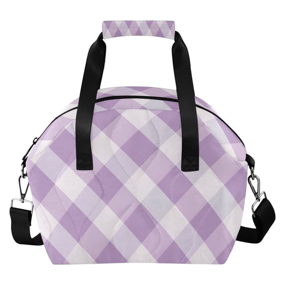 Lilac-white Plaid Pattern Insulated Lunch Bag Reusable Quilted Lunch Box Waterproof Leakproof Lunch Container