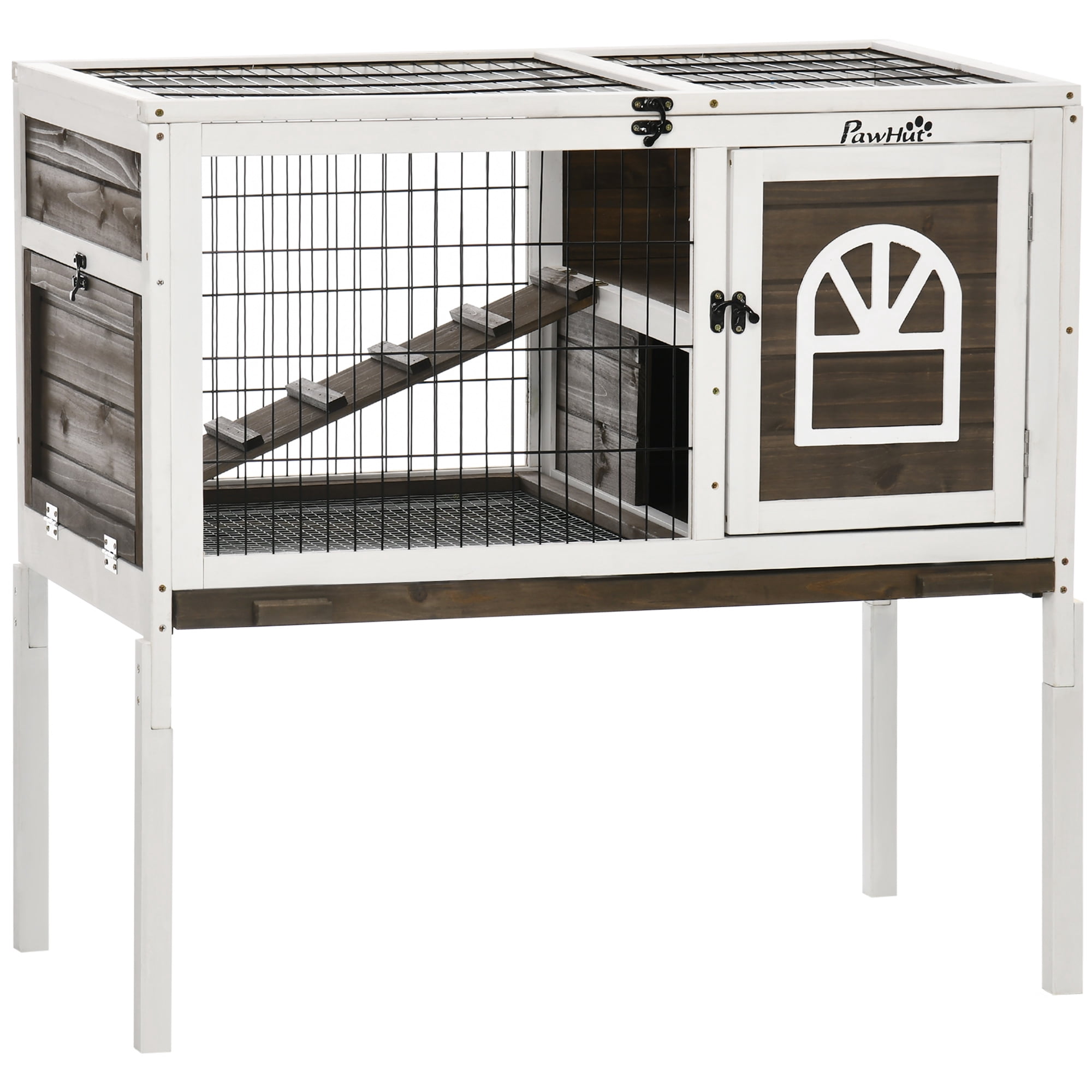 Witaxima Wooden Rabbit Hutch Indoor Elevated Guinea Pig Cage with Run, Ladder, Lockable Doors & Removable Tray, 35.5" L x 20.75" W x 34.25" H, Brown