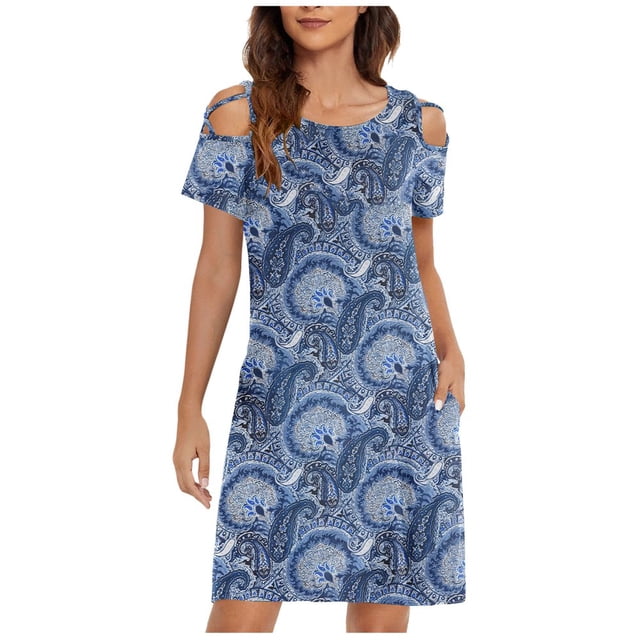 PIMOXV Robes d'Été pour Femmes 2023 Décontractées à Fleurs Croisées Épaules Dénudées Col Rond Manches Courtes avec Poches Robe Mini Longues Robes de Maternité