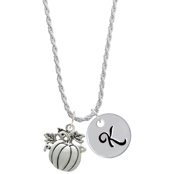 Delight Jewelry Silvertone Large Antiqued Pumpkin Silvertone Script Initial Disc - K - Charm Necklace, 20"+3"