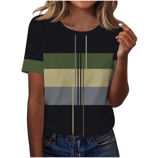 Camisetas Casuales de las Mujeres Estampadas Cuello Tripulado Manga Corta Superior, Ligera Mezcla de Poliéster Blusa de Moda