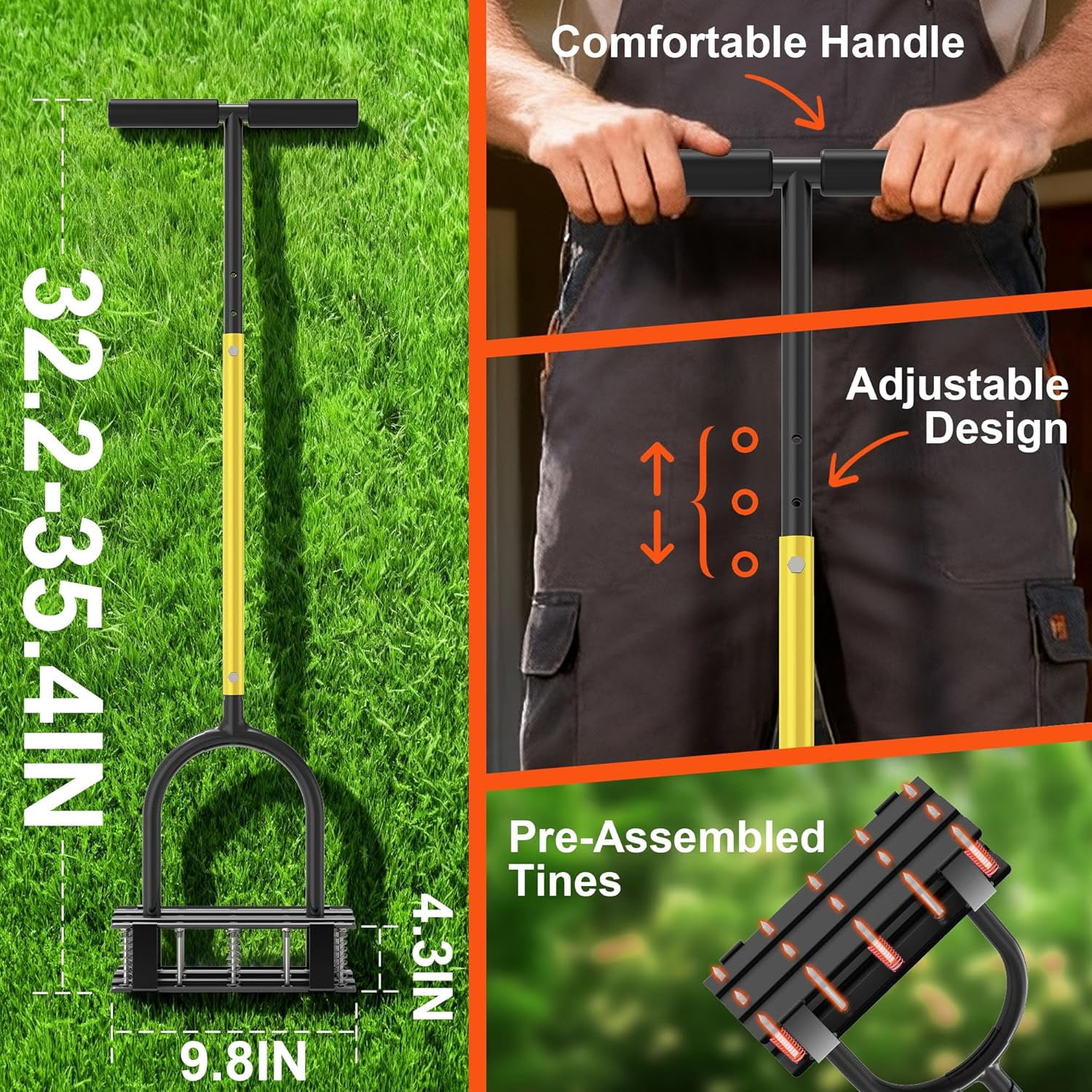 Aerator Lawn Tool - 2-in-1 Reinforced Heavy Duty Manual Lawn Aerator with 15 Spikes, Automatic Dirt and Leaf Clean Design, Adjustable T-Handle (Yellow)