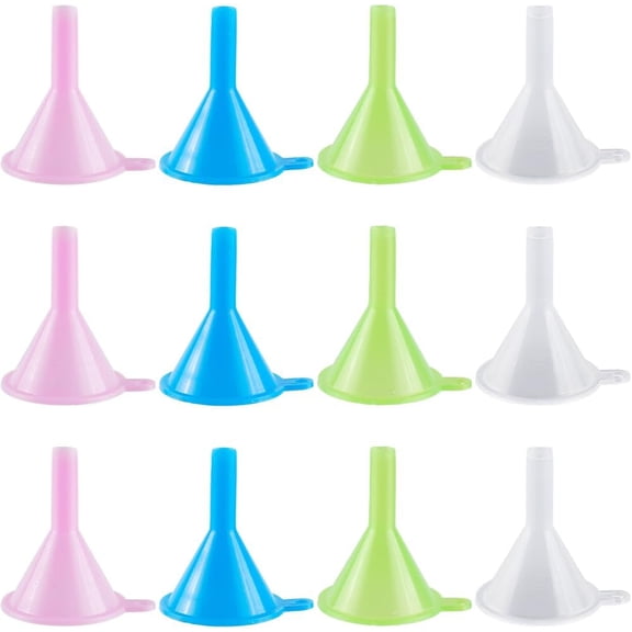 12Pcs 1.6x1.2 Inch Refillable Cosmetic Containers Funnels Small Clear Pink Blue Green Plastic Multipurpose Funnels for Filling Small Bottles or Containers Atomizers Perfume Liquid