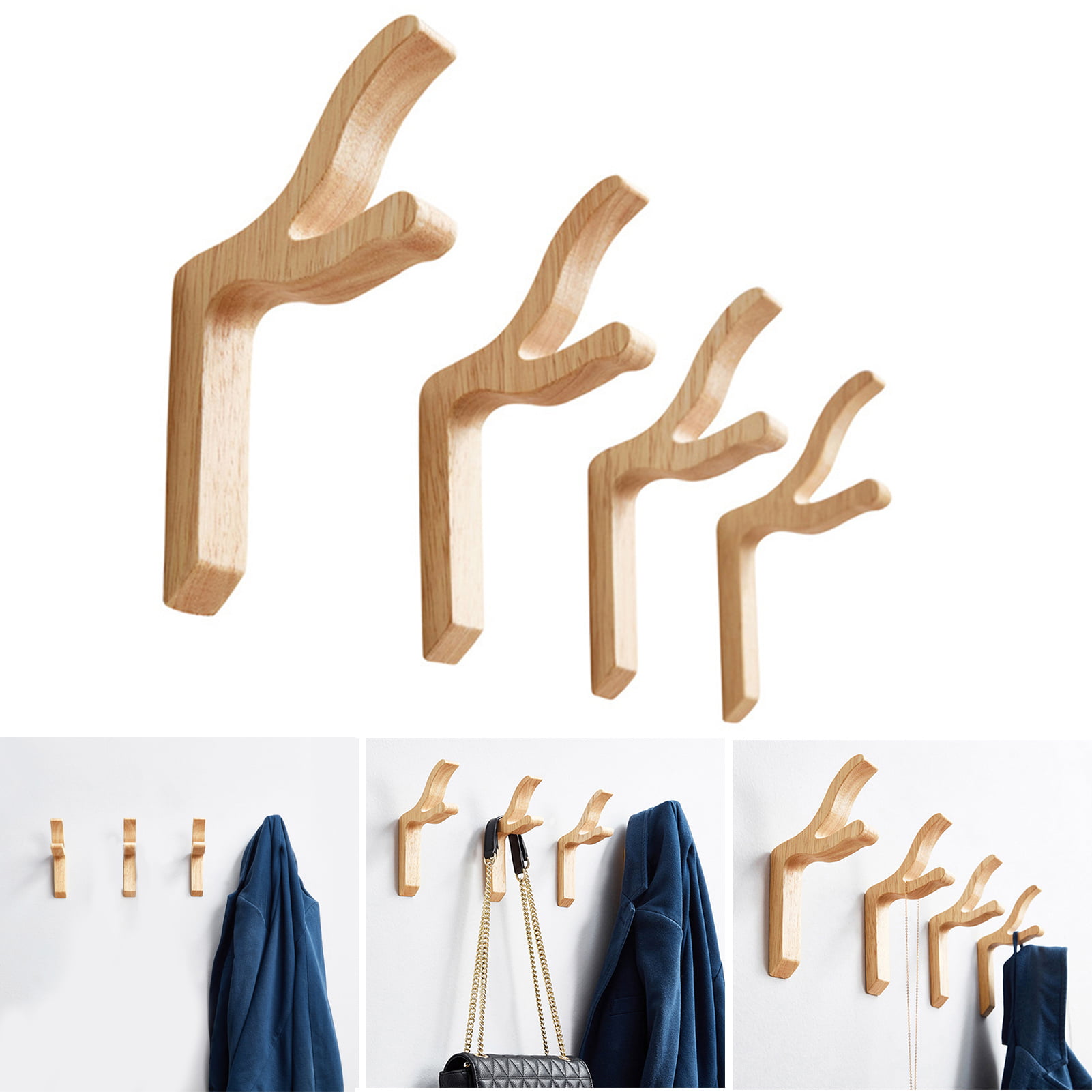 Natural Wooden Coat Hook Wall Mounted Clothes Scarf Hat and Bag Storage Hanger 