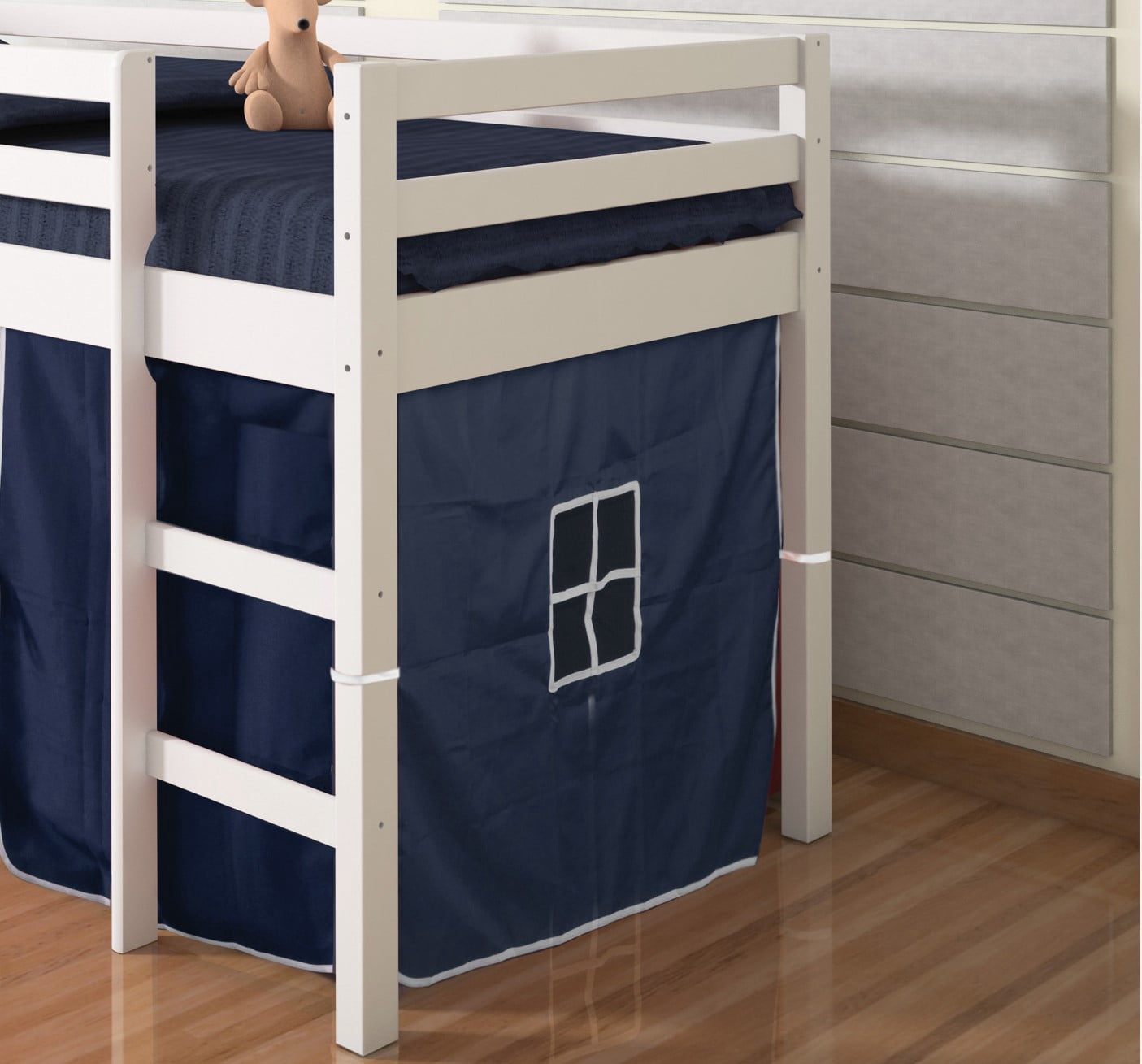 Donco Kids Twin Loft Bed with Blue Tent and Slide, White