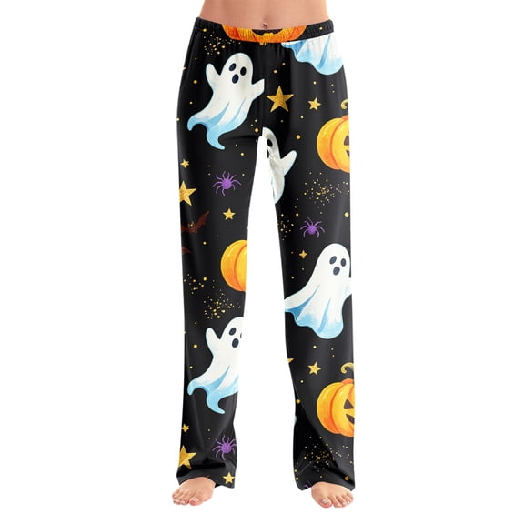 Womens Halloween Pajama Pants Loose Fit Sleep Lounge Bottoms Full Length Straight Leg Pull On Pajamas Elastic Waist No Drawstring Soft Homewear Black L