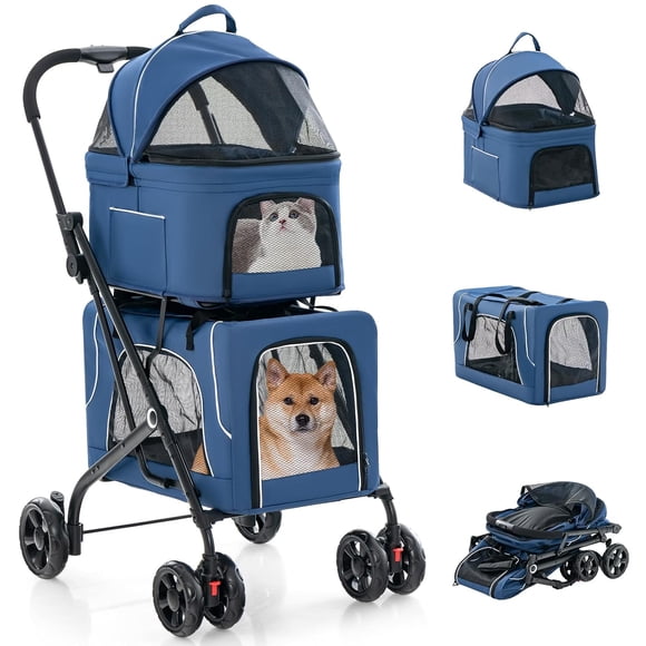JJUN Double Dog Stroller for 2 Dogs, Detachable Carriers, Safety Belt, 4 Lockable Wheels, Pet Travel Carrier Strolling Cart, Folding Cat Stroller for Small Medium Pets Dogs (Blue)