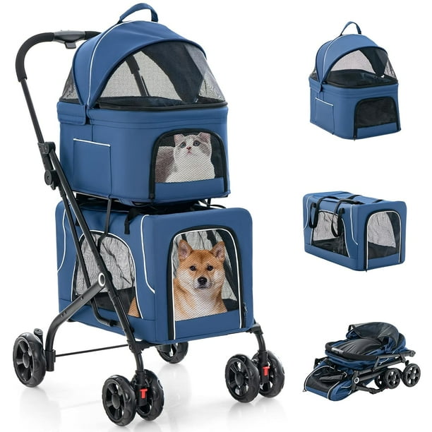 JJUN Double Dog Stroller for 2 Dogs, Detachable Carriers, Safety Belt, 4 Lockable Wheels, Pet Travel Carrier Strolling Cart, Folding Cat Stroller for Small Medium Pets Dogs (Blue)