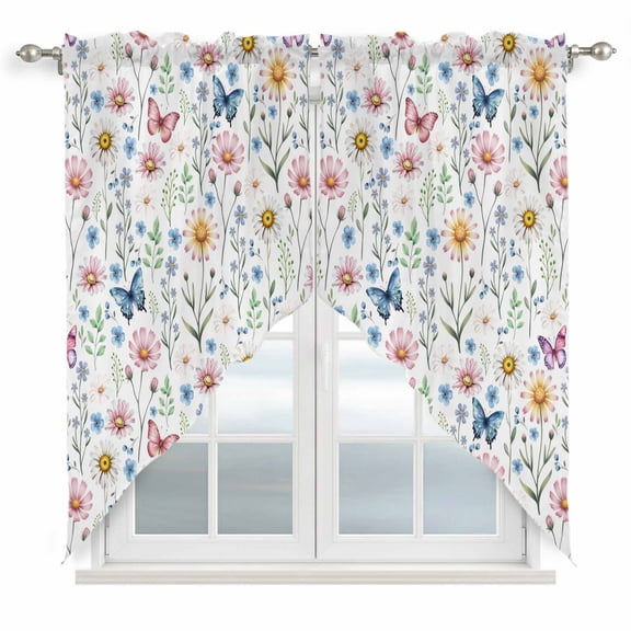 Pink Spring Floral Swag Curtains for Kitchen/Bedroom/Living Room, Elegant Pastoral Flowers Butterfly Scalloped Curtains 63 Inch Long, Window Swag Topper Curtains Valances 2 Panels Set 36"x63"
