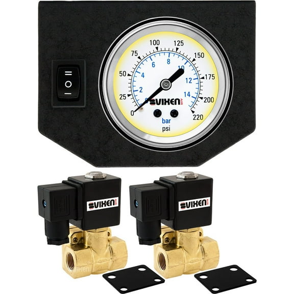 Vixen Air 3/8" NPT Electric Air Valve (Solenoid) 250PSI 12V (2-Pack) with 1 Single Needle Gauge/1 Switch Dash Panel Kit White VXF0G4038W