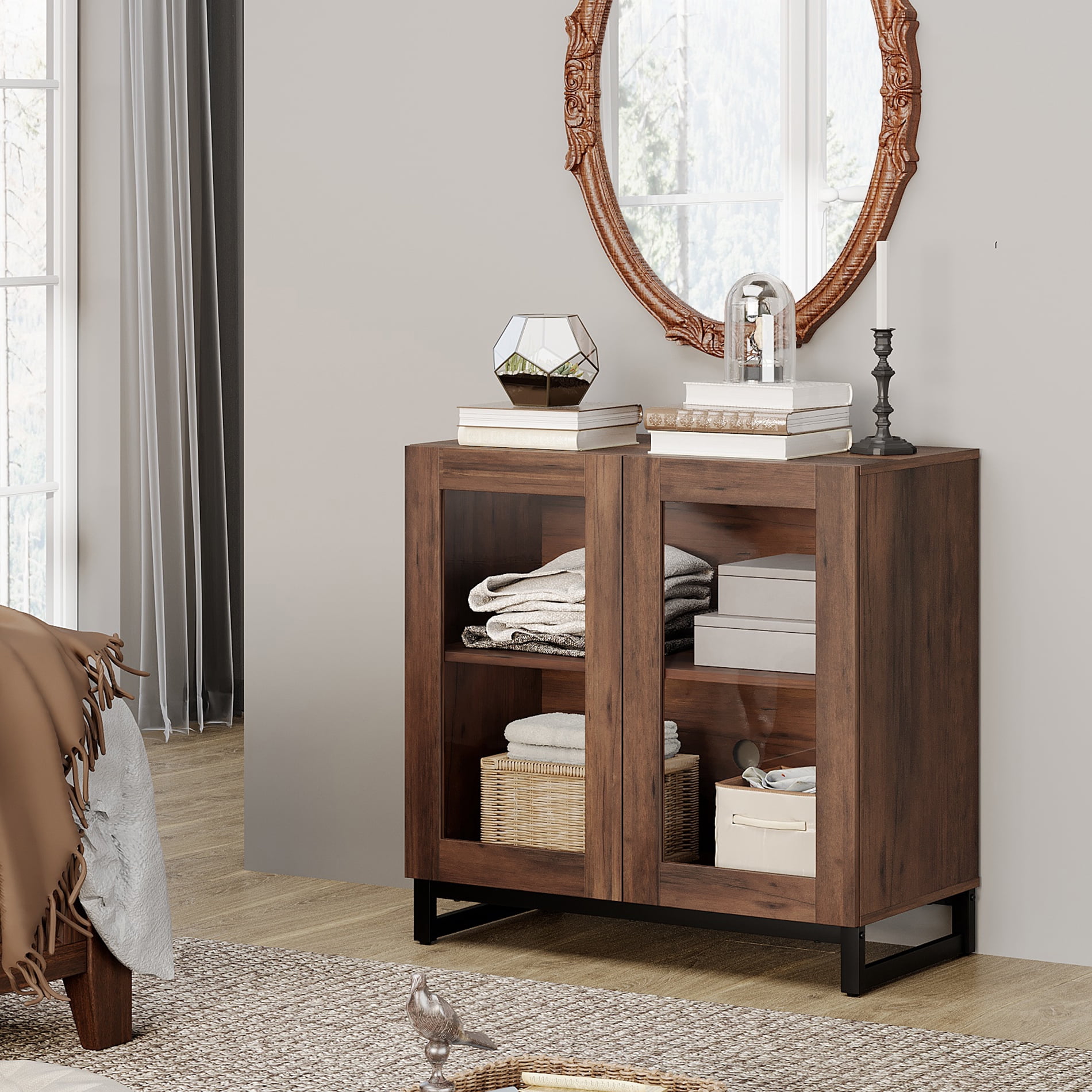 WAMPAT Sideboard Buffet Cabinets with Glass Doors, Modern Sideboard Credenza with Adjustable Shelf, Coffee Bar Storage Cabinet for Living Room, Kitchen, Brown