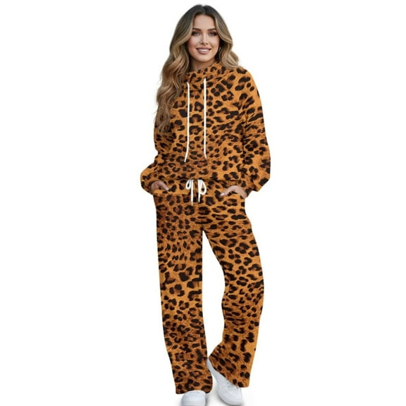 Uorisanigo Brown Leopard Mock Neck Sweatshirt with Wide Leg Sweatpants Matching Set Lounge Sets for Women Tracksuit 2 Piece Fall Outfits Drawstring Activewear Oversized Jogging Suit